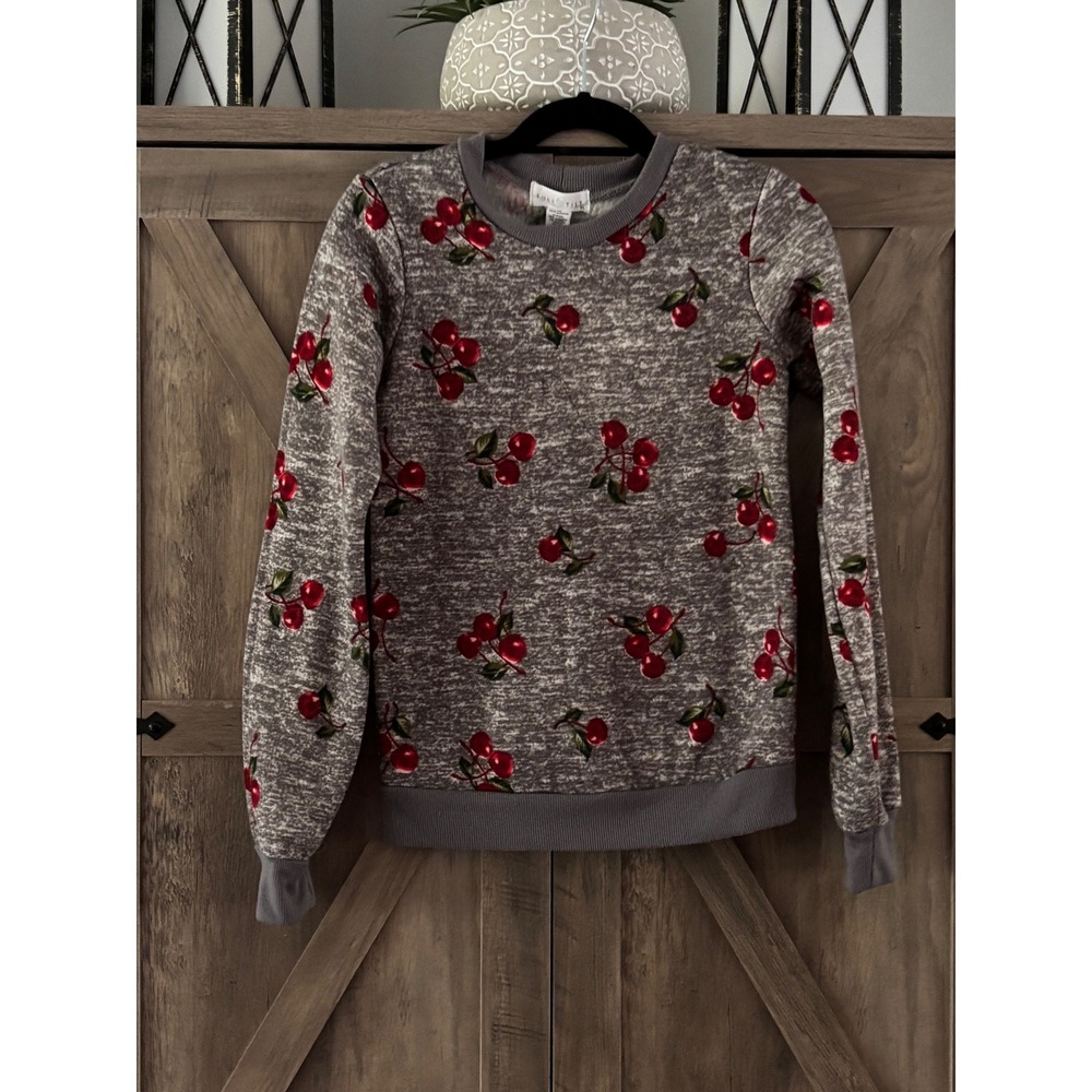 Full Tilt Girls XS Gray Heathered Cherry Print Long Sleeve Crewneck Sweatshirt